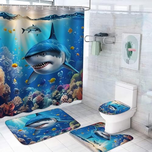 4Pcs Shower Curtain Set, Shark Blue Ocean Themed Bathroom Shower Curtain with Rugs and Accessories,with Non-Slip Rugs, Toilet Lid Cover and Bath Mat for Bathroom Decor Set - color: Shark