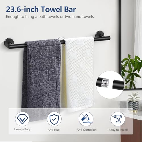 TQKAG Matte Black 5 Piece Bathroom Hardware Accessories Set 23.6" SUS304 Stainless Steel Bathroom Towel Bar Holder Sets Double Post Pivoting Toilet Paper Holder Set Wall Mounted - color: Matte Black, size: 5-Pieces Set-B