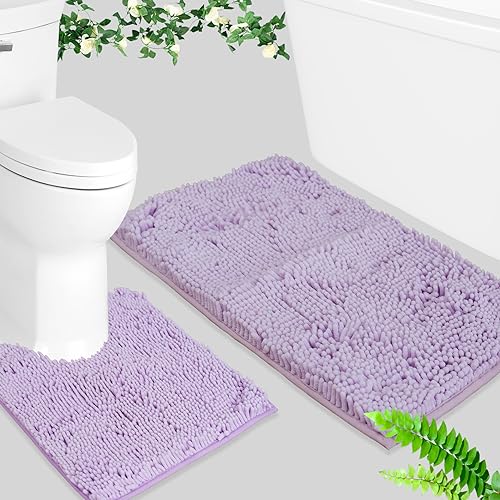 BOANKODU Bath Mat Set, 2-Piece Very Soft Chenille Bathroom Rugs, Non-Slip, Machine Washable (Lavender, 32x20 Inch U-Shaped + 20x20 Inch) - color: Lavender, size: 20" x 32" + 20" x 20" (U-Shape)