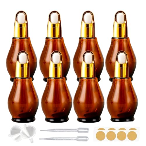 8 Pack 1oz Glass Dropper Bottles 30ml Amber Gourd Shaped Bottles with Dropper, Tincture Bottle,for Essential Oils, Hair Oil, Liquids, Perfume (Amber/Flower Basket Cap, 30ml) - color: Amber/Flower Basket Cap