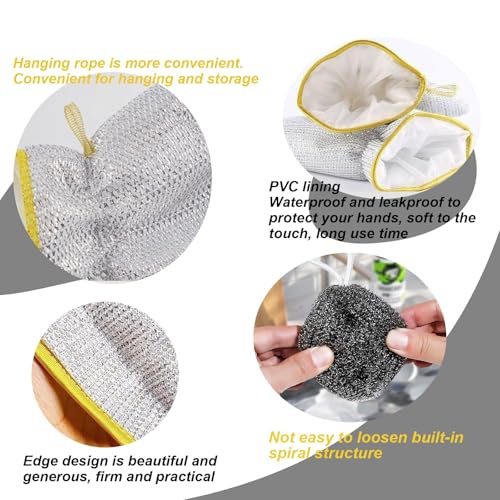 2PCS Dishwashing Gloves Silver and 2PCS Stainless Steel Melon Shape Steel Wire Ball(white/gray rope) - color: Gray