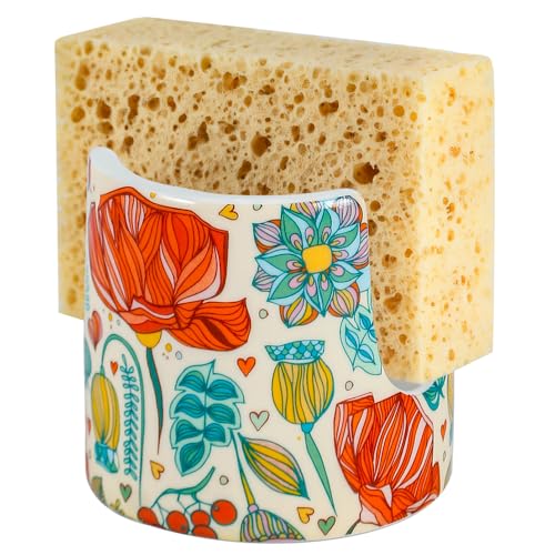 Kitchen Sink Sponge Holder, Dish Sponge Rack Cute Ceramic Brush Holder Farmhouse Kitchen Decor, Floral Dish Rack for Brush, Scrubbers, Bathroom, Sink (Red-Flower) - color: Red-Flower