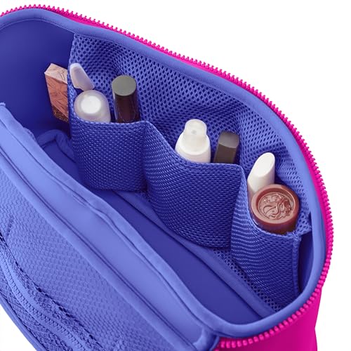 KUSSHI Neoprene Train Case Makeup Bag - Washable Makeup Travel Bag & Vanity Case for Stress Free Travel (Large, Pink/Indigo) - color: Pink/Indigo, size: Large