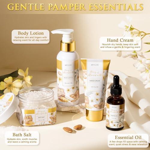 Mothers Day Birthday Gifts for Women, Honey & Almond Milk Relaxing Spa Gift Baskets for Women Self Care Package Bath Gift Set, Home Bath and Body Kit Pamper Gifts for Womens Her Mom Friends Sister - color: Gold-Honey & Almond milk