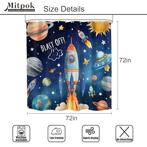 4 PCS Kids Boys Shower Curtain Set 72Wx72H Cartoon Planets Space Universe Bathroom Set Non-Slip Bath Rug Toilet Lid Cover U Shape Mat Complete Bathtub Accessories with 12 Hooks Bathroom Decor - color: D 01space, size: 72"W x 72"L (Pack of 4)