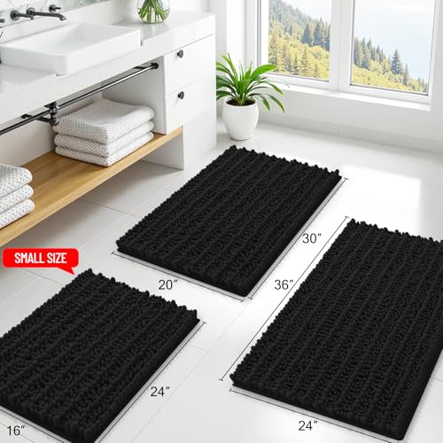 Smiry Bathroom Rugs Mat 30x18, Extra Soft Absorbent Chenille Bath Rugs, Non Slip Rubber Backing Machine Washable Quick Dry Bath Mats for Bathroom Floor, Tub, Shower, Home Decor Accessories, Black - color: Black, size: 30'' X 18''