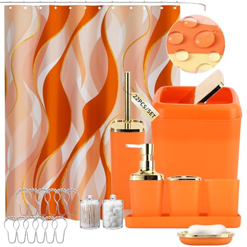 XLHOMO Orange Bathroom Accessories, Bathroom Sets with Stripe Shower Curtain, Orange and Gold Bathroom Accessories Set with Trash Can, Soap Dispenser, Soap Dish, Qtip Holders for Bathroom - color: Stripe Orange & Gold, size: Complete Set