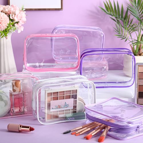 Shinylin 30 Pcs Clear Makeup Bag with Zipper PVC Toiletry Bag Portable Waterproof Make up Pouches Clear Makeup Case Organizer for Women Travel Toiletries Bathroom Organizing (Pink and Purple)