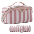 BOYATU Travel Makeup Bag Cosmetic Bag for Women: 3 Pcs Set Striped Make up Bag with Compartments - Waterproof Vegan Leather Toiletry Bags with Handle - Makeup Organizer for Travel Essentials(A-3-Pink) - color: A-3-Pink