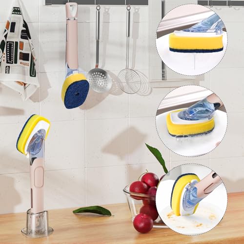 Dish Brush with Soap Dispenser Storage Set with 2 PCS Sponge Refills & Holder, Soap Dispensing Dish Brushes, Sponge with Soap Dispenser Handle, Dish Sponges with Handle for Dishes Pans Pots Sink - color: Pink