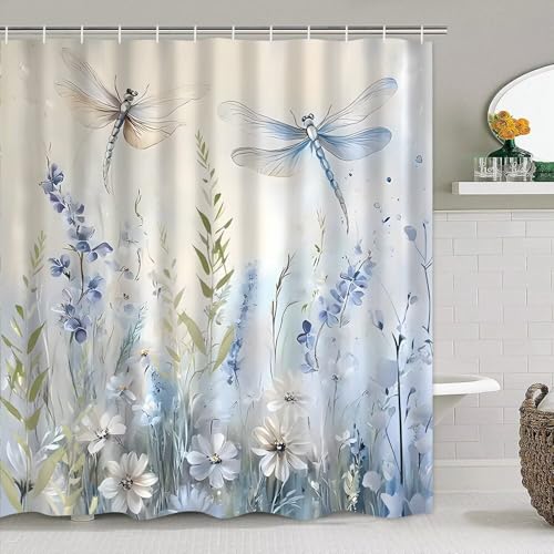 DDQQ Blue Flower Dragonfly Shower Curtain Set Floral Home Bathroom Sets with Rugs, Green Leaves Bathroom Decor Shower Curtain Set with Carpet Bath Mat Toilet Rugs - color: Dusty Blue