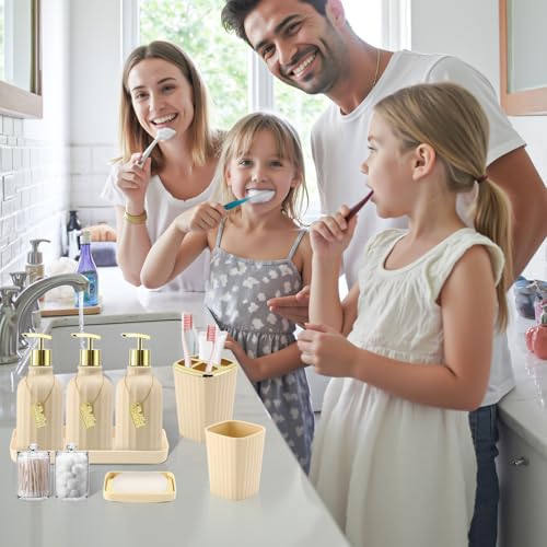 21PCS Bathroom Sets with Shower Curtain and Rugs Bathroom Accessories Set Beige Bathroom Set Complete with Trash Can, Toilet Brush, Qtip Holder & 3PCS Soap Dispenser - size: Bath Set+Marble Shower Curtain+Rugs, style: Beige