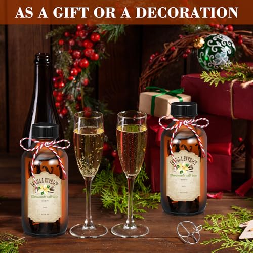 Uiifan 6 Pack Amber Glass Boston Round Bottles with Caps Brown Vanilla Extract Bottles and 6 Pcs Vanilla Extract Stickers for Syrup Gift Glass Food Storage Canister Set Sauce Beans(8 oz) - size: 8 Ounces