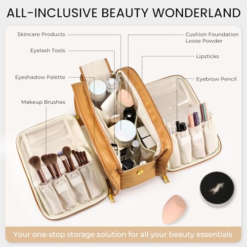 HauteHues Travel Makeup Bag Women's Large Capacity Cosmetic Portable Organizer Large Opening Waterproof Storage Toiletry Bags Vertical Free-Standing Brush Holder for Easy Access Orange - color: Orange