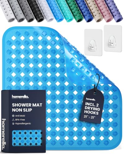 homerella® Shower Mat Non Slip Anti Mold, Non Slip Shower Mats for Inside Shower Stall Anti Slip Mat, Square Shower Floor Mat 21 x 21 in with Suction Cups & Hooks for Quick Drying, Machine Washable - color: Clear Blue