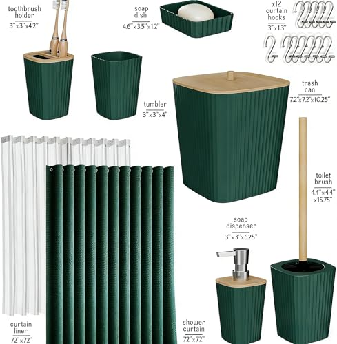 Bathroom Accessory Set 7 Pcs, Plastic Bathroom Set with Bamboo Cover Include Soap Dish, Toothbrush Holder, Mousewash Cup, Shower Curtain Set, Soap Dispenser, Trash Can & Toilet Brush - color: Dark Green, size: 7pack