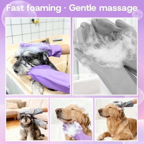 2-Pair Pet Hair Remover Glove for Dogs and Cats Washing, Grooming, & Deshedding – Multipurpose Silicone Dog Bath Gloves, Cat Brush Glove Mitt for Pet Cleaning & Household Use (Purple & Grey) - color: Gray and purple two-tone