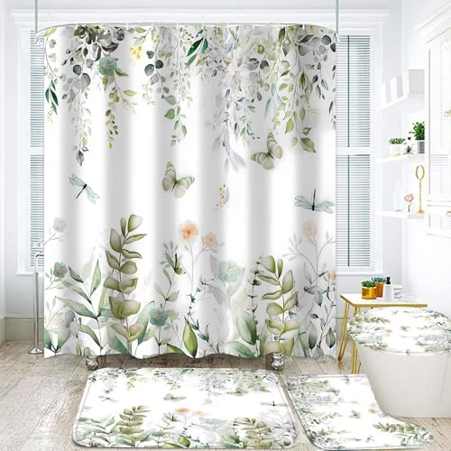 DDQQ 4Pcs Spring Shower Curtain Set Dragonfly Butterflies Bathroom Sets with Rugs, Green Leaf Flower Bathroom Shower Curtain Set with Carpet Bath Mat Toilet Rugs - color: Light Green