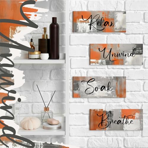 Maitys 4 Pcs Orange Bathroom Wall Decor 10 x 4 Inch Fall Bathroom Wall Art Contemporary Wood Restroom Picture for Thanksgiving Day Soak Unwind Relax Hanging Sign Spa Rustic Vintage Farmhouse Pediment - color: Orange