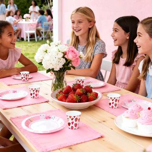 WRAPAHOLIC 3oz Paper Cups - 100 Pack Disposable Bathroom Cups with Strawberry Fruits Design, Small Mouthwash Cup for Toothbrush Rinse, Home Bathroom, Picnic, BBQ, Travel and Party - color: Pink & Red Strawberry