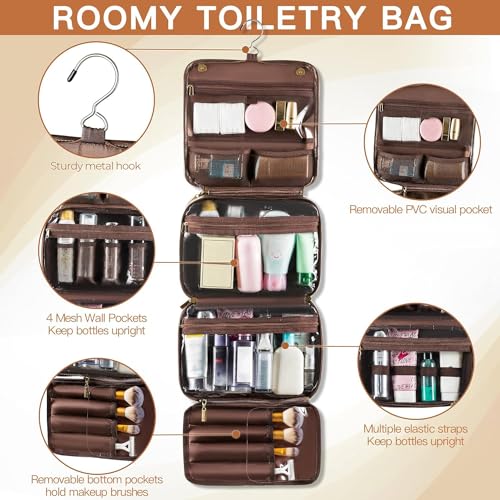 Elviros Hanging Toiletry Bag Removable Travel Bag PU leather Makeup Cosmetic Organizer Kit, Coffee | Removable Travel Organizer Bag for Cosmetics, Toiletries, Makeup Tools, and Daily Essentials with Easy Carry Design - color: Coffee, size: 1 Pack
