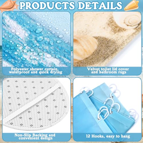 FuWeave 8 Pcs Summer Beach Shower Curtain Set Bathroom Decor Sea Ocean Waterproof Bathroom Accessories Shower Curtain Sets with Towels Carpet Bath Mat Toilet Rugs and 12 Hooks - color: Beach
