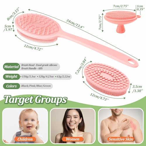 Silicone Face & Back Scrubber Set, Manual Face & Body Scrubber Exfoliator with Soft Bristles and Non-Slip Handle, Back Brush Bath Brush with 2 Detachable Brush Heads(3PCS Pink Set) - color: 3*pink Set