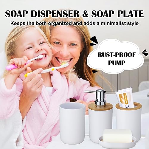 iMucci Bathroom Accessories Set with Trash Can,Toilet Brush,Toothbrush Holder, Lotion Soap Dispenser, Soap Dish,Toothbrush Cup,Qtip Holder(8Pcs White Wood Cover) - size: Bath Set, style: White