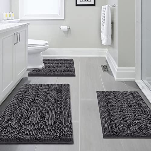 H.VERSAILTEX 3 Piece Bathroom Rugs Sets Thick Striped Bath Rugs Set for Bathroom Non Slip Soft Absorbent Bath Mat Set for Tub, Shower and Toilet(17''x24''+20''x32''+20''x24'' U-Shaped, Grey) - color: Grey