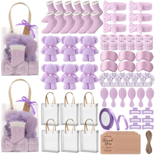 6 Set Spa Gifts Bulk for Women, Sleepover Party Favors Supplies for Bridesmaid Bridal Shower Wedding Guests Baby Shower Birthday Gift with Towels Socks Hair Tie Clip Eye Masks(Purple) - color: Purple
