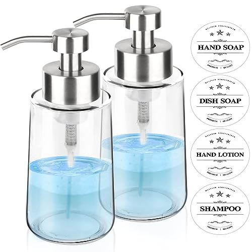 2 Pack Glass Foam Soap Dispenser Set, 15 Oz Rust-Proof Stainless Steel Pump, with Waterproof Labels for Kitchen & Bathroom Countertop, Hand and Dish Soap - color: 2 Pcs With Label