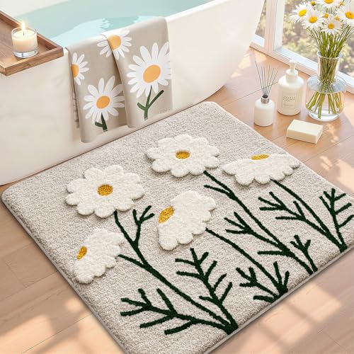 LUMI Bathroom Rugs Cute Daisy, Soft Absorbent Square Bath Mat Non-Slip, Machine Washable Quick Dry White Grey Luxury Rug Flower for Kids Room, Bathtub, Home Decor, 26"x26" - color: Chamomile, size: 26"x26"(Square)