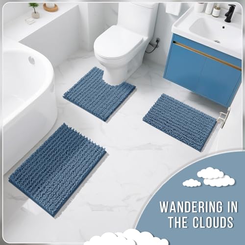 Yimobra Bathroom Rugs Non Slip Washable - Ultra Soft Absorbent Chenille Bath Mat, Quick Dry Shaggy Floor Carpet for Tub Shower, Denim Blue Home Decor Accessories, 24x17 Inch - color: Denim Blue, size: 24" X 17"