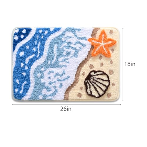 QJHOMO Coastal Bathroom Rugs Beach Ocean Wave Bath Mat Nautical Rug, Cute Colorful Bath Rug 3D Starfish Shell Beachy Theme Bathroom Decor, Soft Microfiber Carpet Non Slip Washable Bathmat(18x26 inch) - color: Blue Portrait, size: 1'6" x 2'2" (Rectangular)