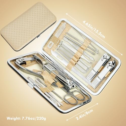 Manicure Set - 19 in 1 Professional Nail Clippers Pedicure Kit, Manicure Tool Kit, Stainless Steel Facial Grooming Set Kit, Gift Idea for Women, Men, Girls, Teens, Beige - color: Beige