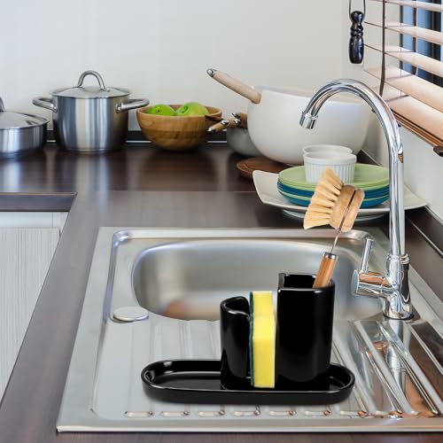 Geelin 3 in 1 Ceramic Kitchen Sink Caddy Dish Sponge Holder Scrub Brush Holder and Soap Tray for Kitchen Organizer Rustic Farmhouse Supplies(Black) - color: Black