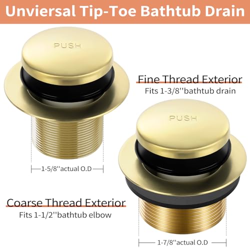 Gold Bathtub Drain Tip-Toe Tub Trim Set with Two-Hole Overflow Faceplate Bathroom Tub Drains Replacement Conversion Tub Drain Kit Assembly with Universal Fine & Coarse Thread - color: Gold