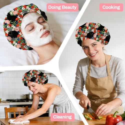 Black Cat Reusable Shower Cap Flower Double Layer Waterproof Shower Caps Large Elastic Hair Cover Adjustable Hair - Drying Caps for Woman Man Bath SPA Travel One Size Fits Most - color: Black Cat