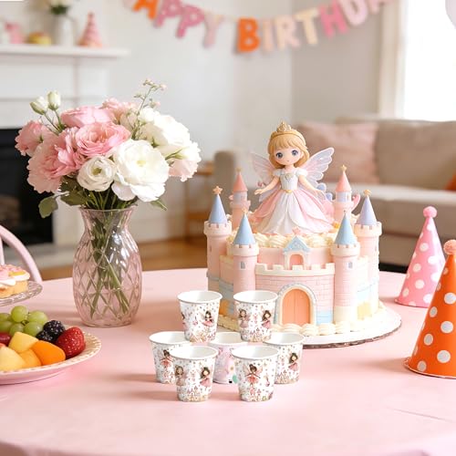 WRAPAHOLIC 3oz Fairy Birthday Paper Cups - 100 Pack Disposable Bathroom Cups with Flower Fairy Castle Design, Small Mouthwash Cup for Toothbrush Rinse, Home Bathroom and Baby Girls Shower - color: Pink Fairy
