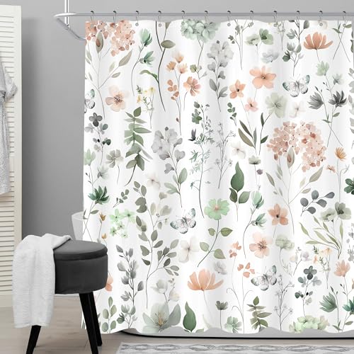 Sage Green Floral Shower Curtain for Bathroom, Spring Flower Wildflower Cute Botanical Nautre Shower Curtain Set with Metal Hooks,Women Girly Leaf Bath Bathroom Accessories Decor 72Wx72H - color: A-green, size: 72"W x 72"L (Pack of 1)
