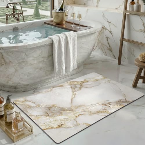 Color&Geometry Ultra Thin Bathroom Rugs Non Slip,Absorbent Quick Dry Bath Mats for Bathroom,Thin Bath Rugs Washable with Rubber Backing Fit Under Door Outside Shower,Gold-Veined White Marble,16"x24" - color: Gold-veined White Marble, size: 16"x24"