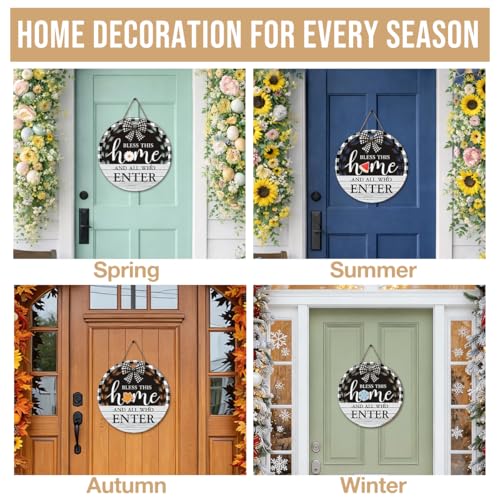 Seasonal Interchangeable Bless This Home Hanging Sign - Farmhouse Front Door Decoration for Spring All Seasons Holidays - Rustic Round Wood Wreaths with 12 Icons(White) - color: blesswhite