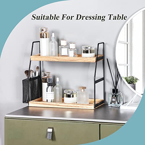 Bathroom Counter Organizer, 2-Tier Standing Storage Shelf with Basket, Wood Tray for Skincare Vanity Organizer - style: 2 Tier Brown