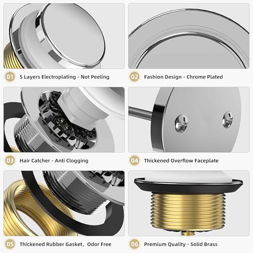 Chrome Plated Tub Drain Kit with Hair Catcher, Premium Brass Tip-Toe Bathroom Tub Drain Replacement and 2-Hole Overflow Faceplate, 11.5/16 UNC Bathtub Drain Stopper Assembly - color: Chrome Plated