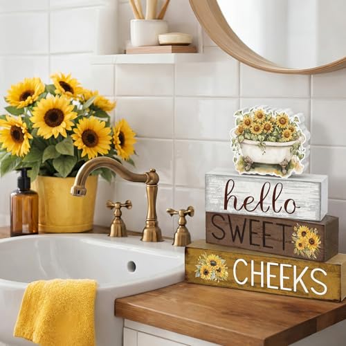 Cinnvoice 4 Pcs Sunflower Bathroom Decor Farmhouse Bathroom Decoration Hello Sweet Cheeks Table Centerpiece Gift for Christmas Valentines Back to School - style: Sunflower Hello Sweet Cheeks
