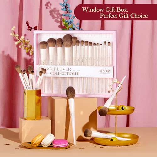 Jessup Makeup Brushes 14Pcs Makeup Brush Set Premium Synthetic Powder Foundation Contour Blush Concealer Eye Shadow Blending Liner Make Up Brush Kit Light Grey with Gift Box, T329-G - color: H-Light Grey Gift, size: Full Brush Set