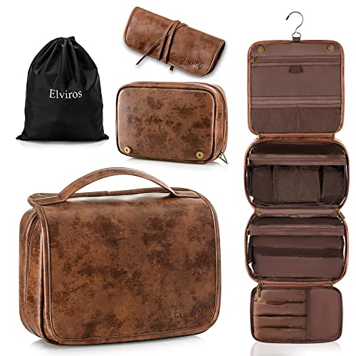 Elviros Hanging Toiletry Bag Removable Travel Bag PU leather Makeup Cosmetic Organizer Kit, Dark Brown | Removable Travel Organizer Bag for Cosmetics, Toiletries, Makeup Tools, and Daily Essentials with Easy Carry Design - color: Dark Brown, size: 1 Pack