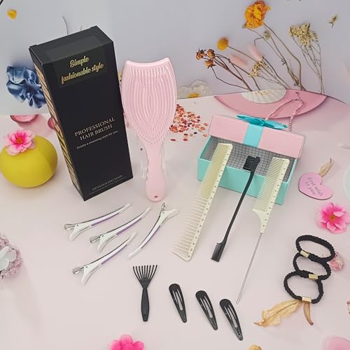 Hair Brush Set, Professional Styling Tools with Combs and Accessories, Pink, Gift Box Included (Pink Brush+Black Brush) - color: Pink Brush+Black Brush