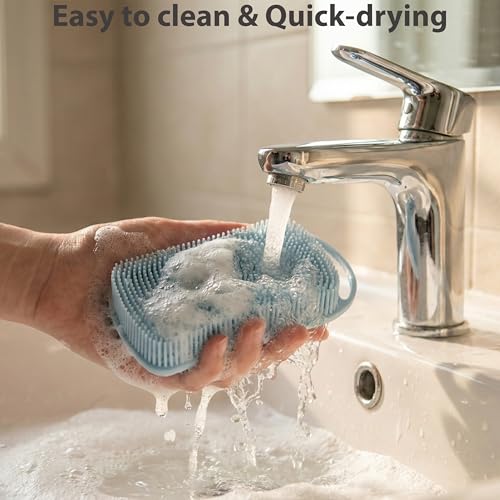 MtBoi 2 PC Silicone Body Scrubber, 2 in 1 Exfoliating Shower Bath Scrubber, Soft Silicone Loofah for Sensitive Skin, Shower Hair Scalp Massager, Easy to Clean, Lather Well (Grey&Blue) - color: Grey&blue