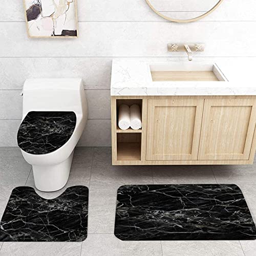 NEWSUYAA 4Pcs Black Marble Bathroom Shower Curtain Set with Rugs Accessories,Modern Luxury Bathroom Decor with Non-Slip Bath Mats, Toilet Seat Cover,Abstract Marble Shower Curtains + Hooks - color: Black